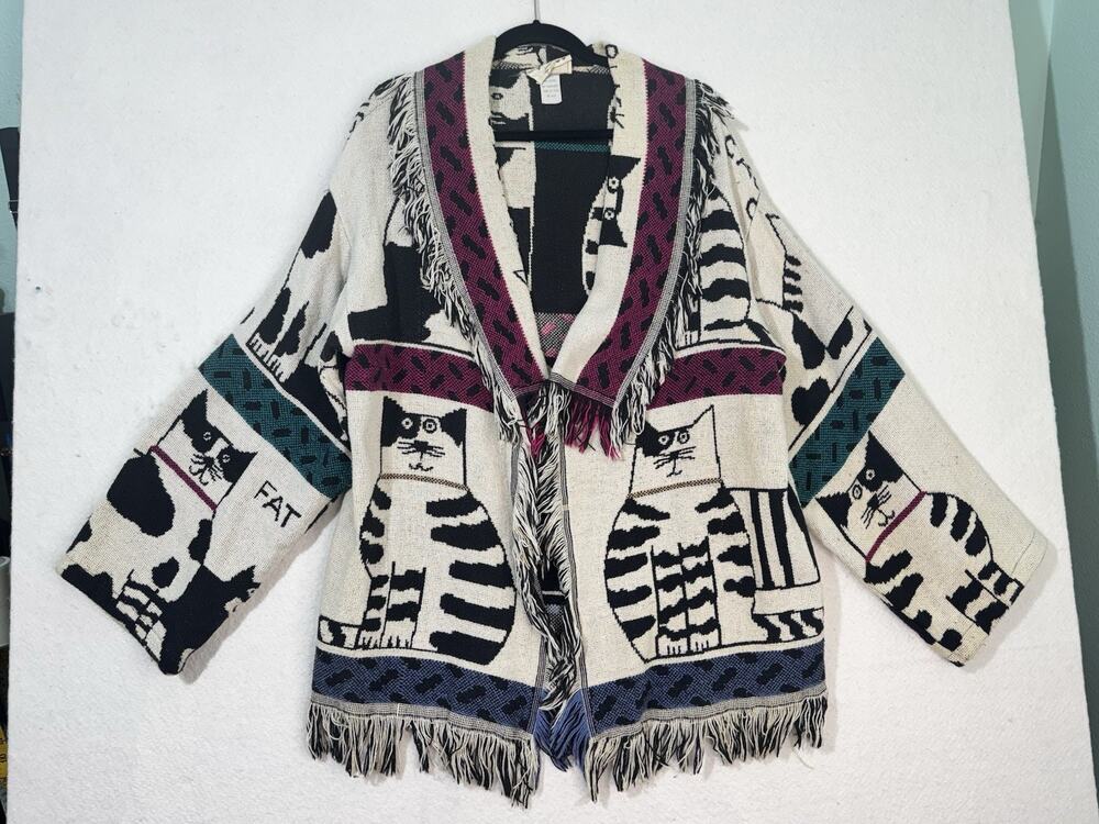 Big Sky Woven Tapestry Cardigan Cat Kitten Fringed Shawl Collar Blanket Jacket